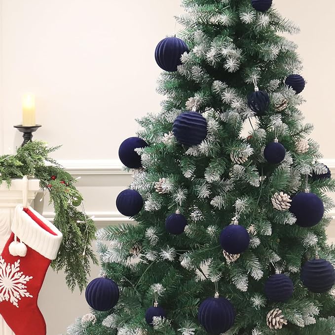 Senjie 4inch Christmas Tree Ornaments Velvet Balls,9PCS Flocked Decoration Balls Ornaments Sets for Christmas 2025 Navy Blue