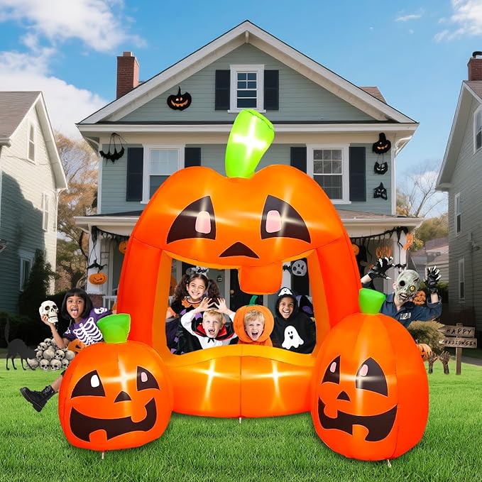 Kalolary 7ft Halloween Inflatables Pumpkin Photo Booth, Blow Up Quirky Pumpkin Photo Frame Inflatables Build-in LEDs Holiday Blow Up Inflate Decorations for Outdoor, Indoor, Lawn, Yard Display Decor