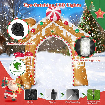 10FT Christmas Inflatable Archway Outdoor Decorations, Giant Blow Up Gingerbread House and Man Arch Yard Decoration, Xmas Decor Build-in LED Lights for Garden Lawn Yard Porch Holiday Party