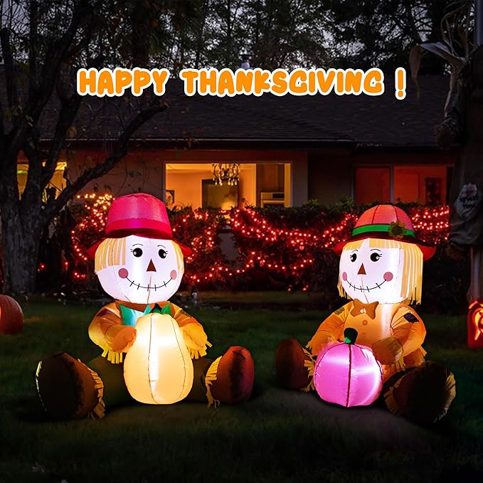 3.3FT Fall Day Outdoor Inflatable Decoration, Set of 2 Adorable Air-Blown Boy Girl Scarecrow with Pumpkin Yard Decor, Lighted Thanksgiving Harvest Decorations for Front Door Garden Lawn
