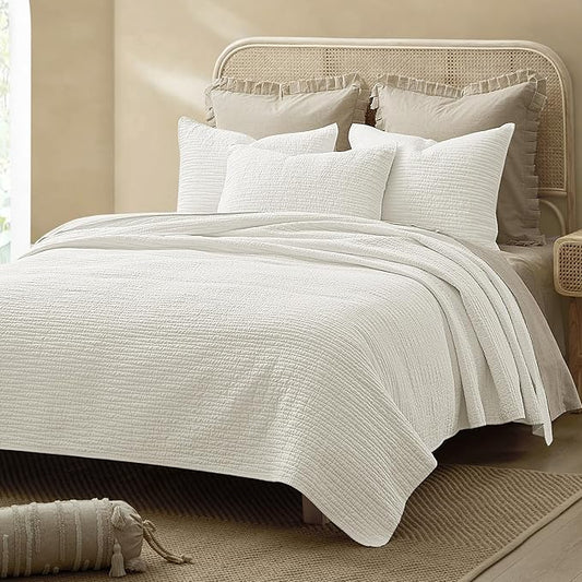 Wonderful Linen Cotton Quilt Set Queen Size, 100% Cotton Back and Filling, 3 Piece Pre-Washed White Bedding Cover, Wave Stitched Bedspread Coverlet Bedding Set 3-Piece for All Seasons, 94"x94"