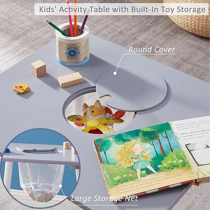 VECELO Activity Table and 2 Chair Set with Hidden Mesh Storage, Durable Playroom Furniture, Modern Design, Easy Assembly, Grey