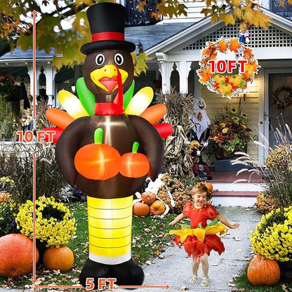 10FT Thanksgiving Inflatables Turkey Decorations, Giant Thanksgiving Blow up Turkey Decor Built-in LED Lights Autumn Fall Harvest Decorations for Holiday Outdoor Yard Lawn Garden Patio Decor