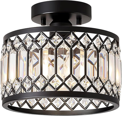 Crystal Ceiling Light Fixture, Modern Semi Flush Mount Ceiling Light, Black Lighting Fixtures Ceiling Lamp for Hallway, Kitchen, Entryway, Bedroom, Laundry Room, 9.05 Inch