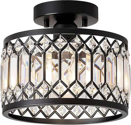 Crystal Ceiling Light Fixture, Modern Semi Flush Mount Ceiling Light, Black Lighting Fixtures Ceiling Lamp for Hallway, Kitchen, Entryway, Bedroom, Laundry Room, 9.05 Inch
