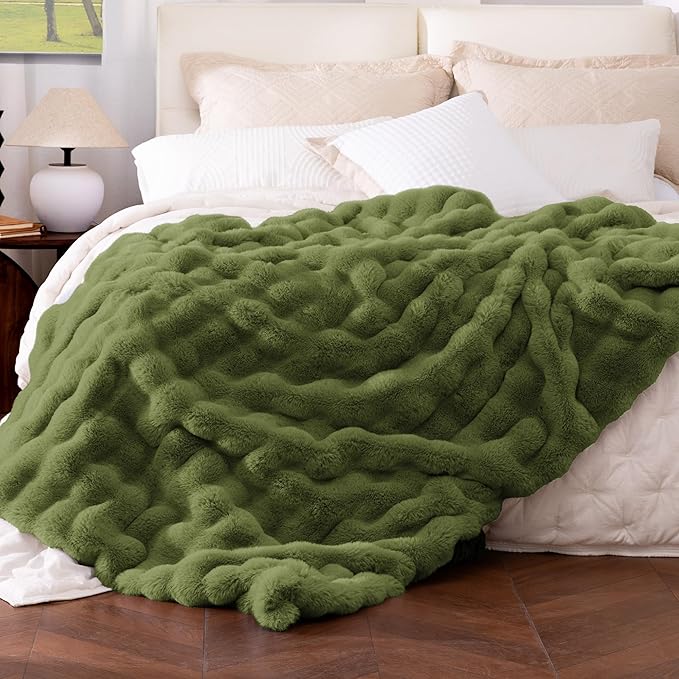 Ultra Soft Cozy Faux Fur Throw Blanket, Fuzzy Plush Thick Bubble Blanket, Oversize Luxury Fluffy Blanket for Couch, Bed, and Living Room, 60x80 Inches, Sage