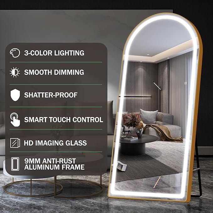 FENNIO Full Length Mirror with Lights, 71"x32" LED Full Body, Free Standing Lighted Floor Mirror, Wall Mounted Hanging Mirror for Bedroom, Salon, 3-Color Lighting [Tempered Glass]