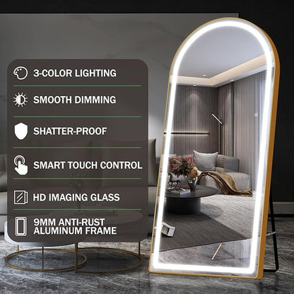 FENNIO Full Length Mirror with Lights, 71"x32" LED Full Body, Free Standing Lighted Floor Mirror, Wall Mounted Hanging Mirror for Bedroom, Salon, 3-Color Lighting [Tempered Glass]