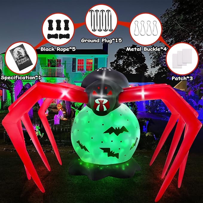 Kalolary 8FT Halloween Inflatable Spider Outdoor Decoration Blow Up Yard Decoration Scary Spider Inflatable with Built-in Green Flashing Light for Garden Lawn Indoor Outdoor Party Decor