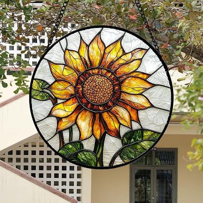 Stained Glass Window Hanging - Sunflower Flower Suncatcher Ready to Hang Window Doors Home Decoration and Christmas, Mother's Day Birthday Gifts for Women, Men, and Mom 14.9x14.9 in