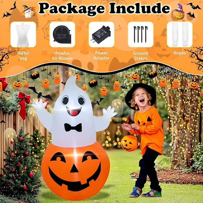 TRMESIA 4FT Halloween Inflatable Decor Spooky Pumpkins Blow up Pumpkin Ghost with LED Lights Indoor Outdoor Lawn Graden Yard Holiday Party Decor