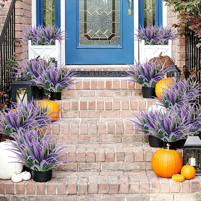 Artificial Fake Grass, 12 PCS Outdoor Faux Grasses Plastic Plants Greenery UV Resistant for Outside Home Window Box Garden Office Patio Hanging Planter Front Porch Décor (Light Purple+Green)