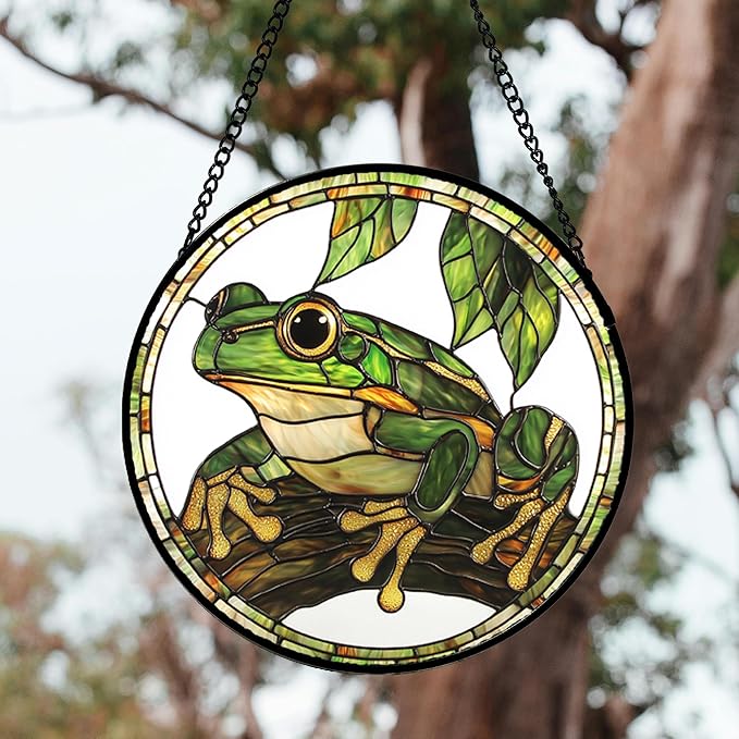 Stained Glass Window Hanging, Frog Green Leaf Sun Catchers Colorful Glass Panel Cool Suncatcher Decor for Birthday for Women, Men, Wife, Aunt, and Mom 14.9x14.9 in
