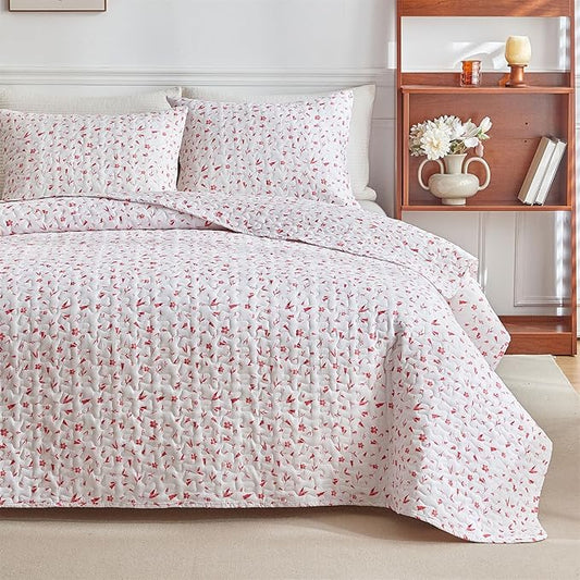 mixinni Full Queen Quilt Bedding Set with Pillow Shams, 3 Piece Boho Pink Floral Bed Coverlets for All Seasons, Soft Lightweight Microfiber Quilted Comforter Set-(90"x96", 1 Quilt+ 2 Pillow Shams)