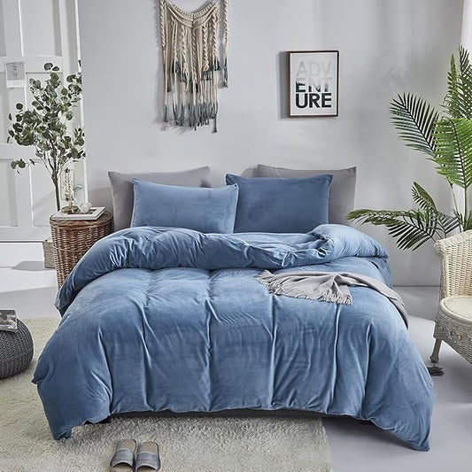 Cottonight Blue Velvet Twin Bedding - Bright Blue Flannel Blanket Quilts Winter Warm Thick Heavyweight 3 Pcs Comforter Set