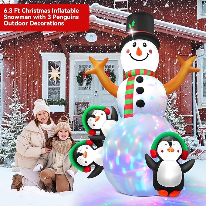 6.3 FT Christmas Inflatable Snowman Outdoor Decoration with Build-in Multicolor LEDs, Snowman with 3 Penguins Blow Up Inflatables Christmas for Yard Garden Lawn Xmas Holiday Decor