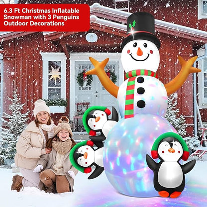 6.3 FT Christmas Inflatable Snowman Outdoor Decoration with Build-in Multicolor LEDs, Snowman with 3 Penguins Blow Up Inflatables Christmas for Yard Garden Lawn Xmas Holiday Decor