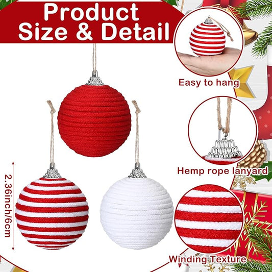 Syhood 9 Pcs 2.36 Inch Christmas Ball Ornaments Boho Farmhouse Jute Rope Hanging Balls Burlap Neutral Rustic Ornaments for Xmas Tree Holiday Wreath Garland Wedding Home(Red, White, Red and White)