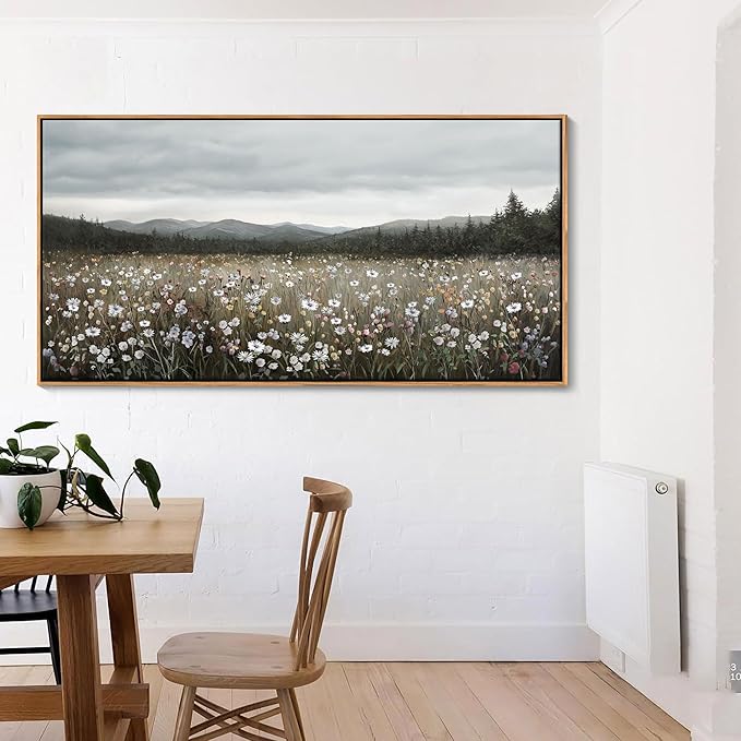 HGUAOA Vintage Landscape Wall Art for Bedroom and Living Room - Large Floral Artworks Farmhouse Wall Decor - Framed Neutral Nature Pictures - Above Bed Wall Decor with Mountain Scenery 24×48IN