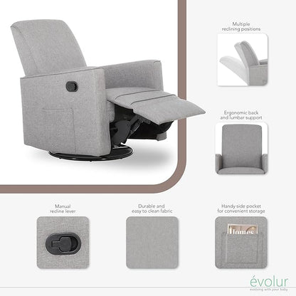 Evolur Raleigh Upholstered Plush Seating Glider Swivel, Rocker, Recliner, Glider for Nursery in Light Grey, Greenguard Gold Certified, Modern Nursery Recliner, Environmentally Conscious Glider