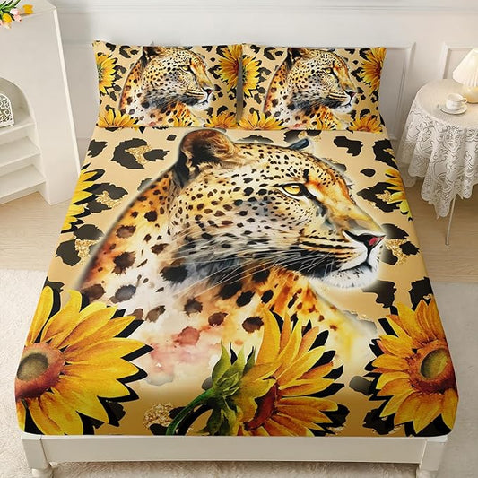 AILONEN Leopard Fitted Sheet Set for Boys, 3 Pieces Full Yellow Sunflower and Animal Cheetah Leopard Printed Fitted Sheet Set for Kids Adults,1 Fitted Sheet with 2 Pillowcases