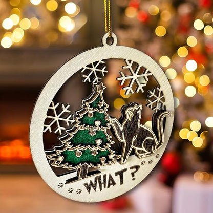 Black Cat Wooden Ornament - Funny Kitten and Christmas Tree Decoration