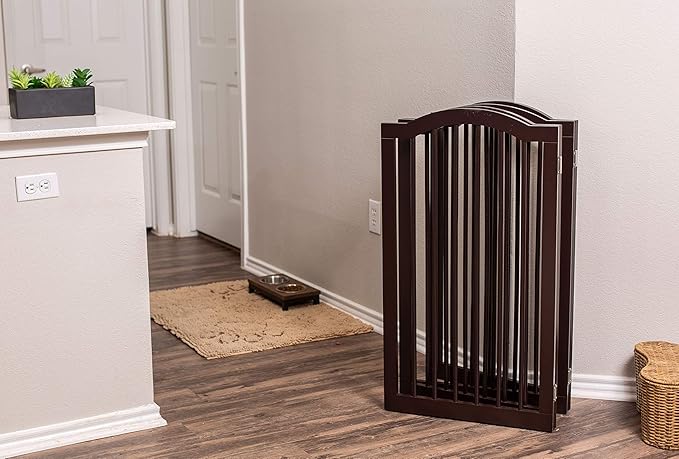 INTERNET'S BEST Arched Top Dog Gate | 4 Panel, 36" H Wooden Pet Barrier for Dogs or Cats | Freestanding Folding Room Divider for Doorways, Hallways, Stairs, and Porch | Portable, Extra Wide | Espresso