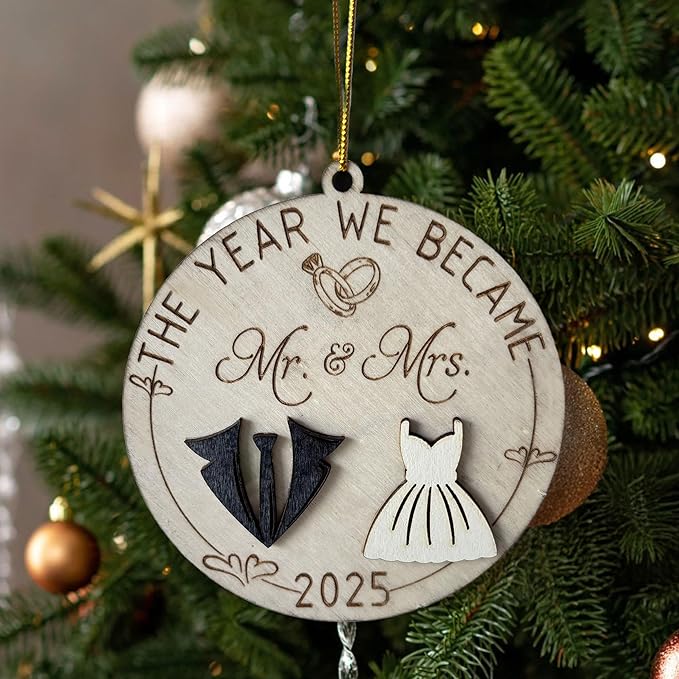 Mr and Mrs 2025 Wedding Gifts - First Christmas Married Ornament for Couples, Bride - Easily Add Personal Name With Marker (Not Included)