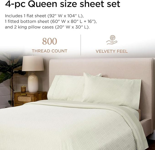 Threadmill Luxury 100% Cotton Queen Bed-Sheets - 800 Thread Count Jacquard Celine Ivory, Better Than Egyptian Cotton,4 Pc Striped Bed Set, Damask Sheets with Elasticized Deep Pocket