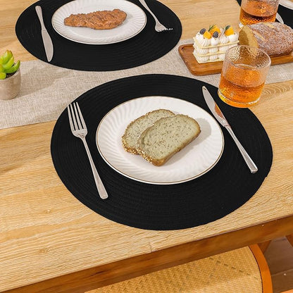 SHACOS Round Braided Placemats Set of 8 Washable Cotton Polyester Woven Round Table Mats for Dining Tables 15 inch (Black, 8)