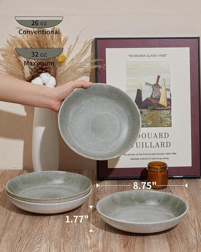 16 Piece Double Bowl Dinnerware Sets, Stain Resistant Dish Set with Pasta Bowls, Easy Cleaning Dishes, Multi-Functional Plate and Bowl, Stack Compactly Plate Set, Service for 4