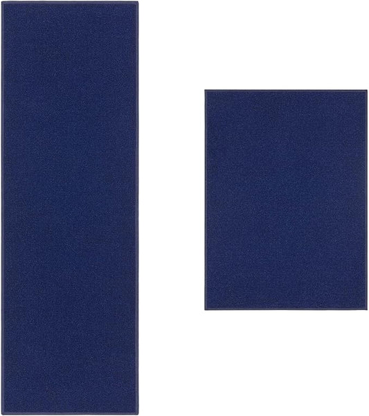 Machine Washable Modern Solid Design Non-Slip Rubberback 2x5/2x3 2PCS Set Traditional Runner Rug/Area Rug for Hallway, Kitchen, Entryway, Bathroom, 2 Piece Set - 20" x 59" / 2'3" x 3', Navy