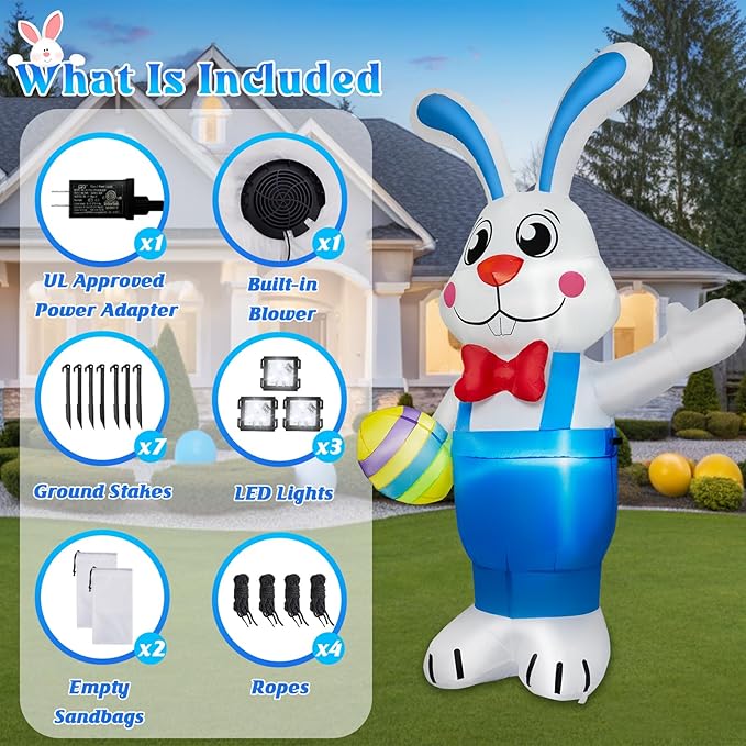 6FT Easter Inflatables Outdoor Decorations, Inflatable Bunny Holds Egg Built-in LED Lights Blow Up Inflatable Easter Outdoor Decorations for Holiday Party Indoor Outdoor Garden Lawn Yard Decor