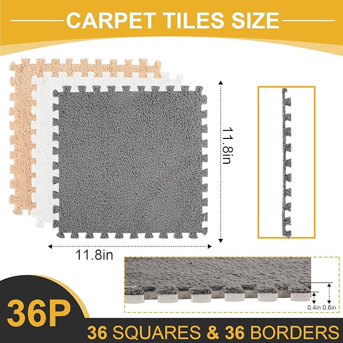 36 Pcs Plush Interlocking Carpet Tiles for Toddler Baby - Non-Toxic, Machine-Washable, Anti-Slip EVA Foam Tiles - Grey, White, Light Brown