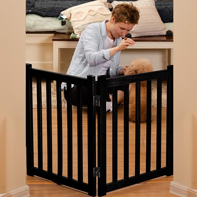 LZRS 2-Panel Wooden Free Standing Foldable Dog Gate – Solid Hardwood 24" High, Step-Over Safety Pet Gate for Doorways, Stairs & Small Spaces - Indoor Use, Black