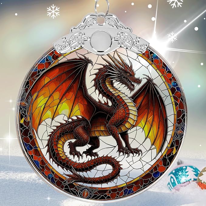 Dragon Stained Glass Christmas Ornament - Hanging Ornaments for Christmas Tree Decorations -Holiday Keepsake Present Exchange Idea