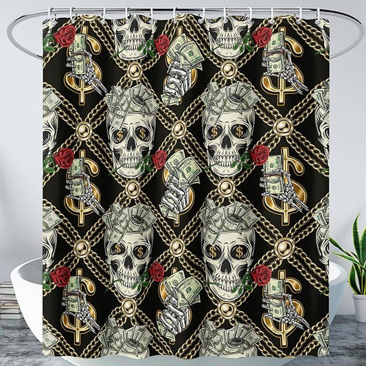 AILONEN Skull Shower Curtain for Boys,Gold Money Skeleton Bath Curtain for Decor,Luxurious Skull Print Shower Curtain with 12 Plastic Hooks,Waterproof 60" W*72" H