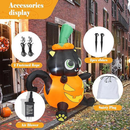 5FT Halloween Inflatable Pumpkin Cat, Lovely Black Cat with Build-in LED Lights, Blow up Halloween Inflatable Outdoor Indoor Decorations Large Party Yard Decoration (Black Cat in Pumpkin)