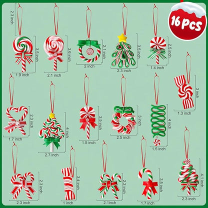 16 PCS Candy Cane Ornaments for Christmas Tree,Polymer Clay Candy Cane Christmas Decorations,Lollipop Ornaments for Xmas Tree Party Hanging Decor Holiday Decorations