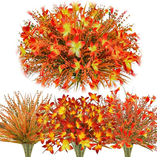 24 Pcs Artificial Fall Flowers, UV Resistant Fall Fake Plants Fall Faux Plastic Outdoor Flower for Home Porch Planter Vase Floral Arrangements Autumn Thanksgiving Indoor Outside Decor