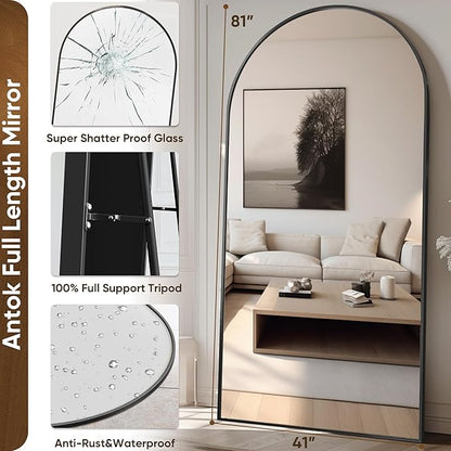 Full Length Mirror, 81"x41" Arched Floor Mirror Freestanding, Full Body Mirror Floor Standing Mirrors with Stand for Bedroom, Hanging Mounted Mirrors for Living Room Cloakroom, Black