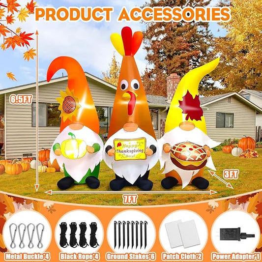 7FT Thanksgiving Day Inflatable with LED Light, Kalolary Thanksgiving Three Gnome Inflatable Fall Harvest Outdoor Decoration Thanksgiving Yard Blow up Inflatable for Lawn Home Holiday Autumn Party