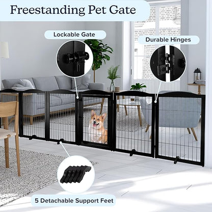 Pet Gate - 6-Panel Indoor Folding Dog Fence for Stairs or Doorways - 133x32-Inch Freestanding Play Pen with Support Feet by PETMAKER (Black)