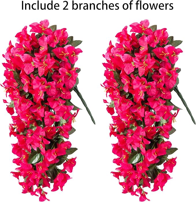 Artificial Faux Bougainvillea Flowers Plants for Outdoor Outside Summer Decoration, 2 PCS Fake Silk Long Trailing Vines UV Resistant Realistic for Front Door Porch Planter Urn Patio Balcony, Hotpink