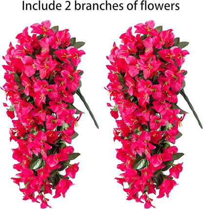 Artificial Faux Bougainvillea Flowers Plants for Outdoor Outside Summer Decoration, 2 PCS Fake Silk Long Trailing Vines UV Resistant Realistic for Front Door Porch Planter Urn Patio Balcony, Hotpink