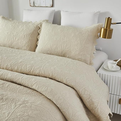 Brandream Queen Size Quilt Set Cotton Beige Quilts Luxury Farmhouse Bedding Set Matelasse Coverlet Scalloped Quilt Set 3-Piece