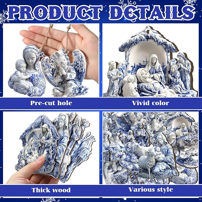 Suzile 36 Pcs Christmas Wooden Ornaments Nativity Scene Tree Decorations Vintage Blue and White Chinoiserie Christian Religion Hanging Decorations for Tree Wreaths Xmas Hanging Wood Cutouts for Home