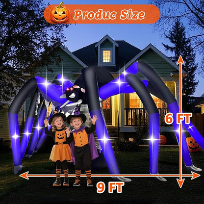 Halloween Inflatables Spider Decorations Outdoor - 9 FT Horror Giant Spider Halloween Blow up Yard Decorations with LED Build-in for Garden Lawn Indoor Party Decor