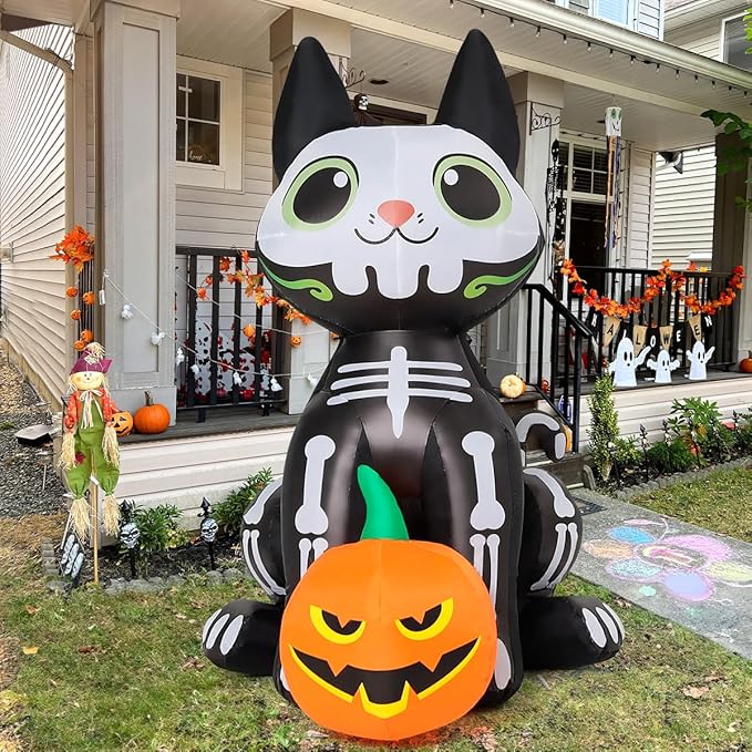 GOOSH 5 FT Halloween Inflatables Skeleton Cat Outdoor Decorations Blow Up Yard Cute Black Cat with Pumpkin Built-in LEDs for Garden Lawn Indoor Party Decor