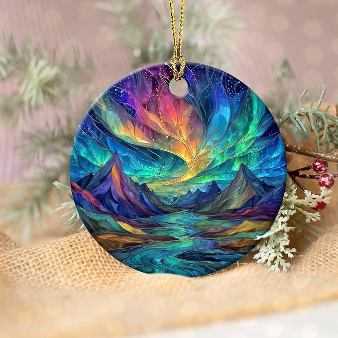 Christmas Northern Lights Ornament Colorful Round Ceramic Ornament Xmas Keepsake for Christmas Tree Winter Holiday Xmas Gift for Women Men Xmas Holiday Party Decor 3"